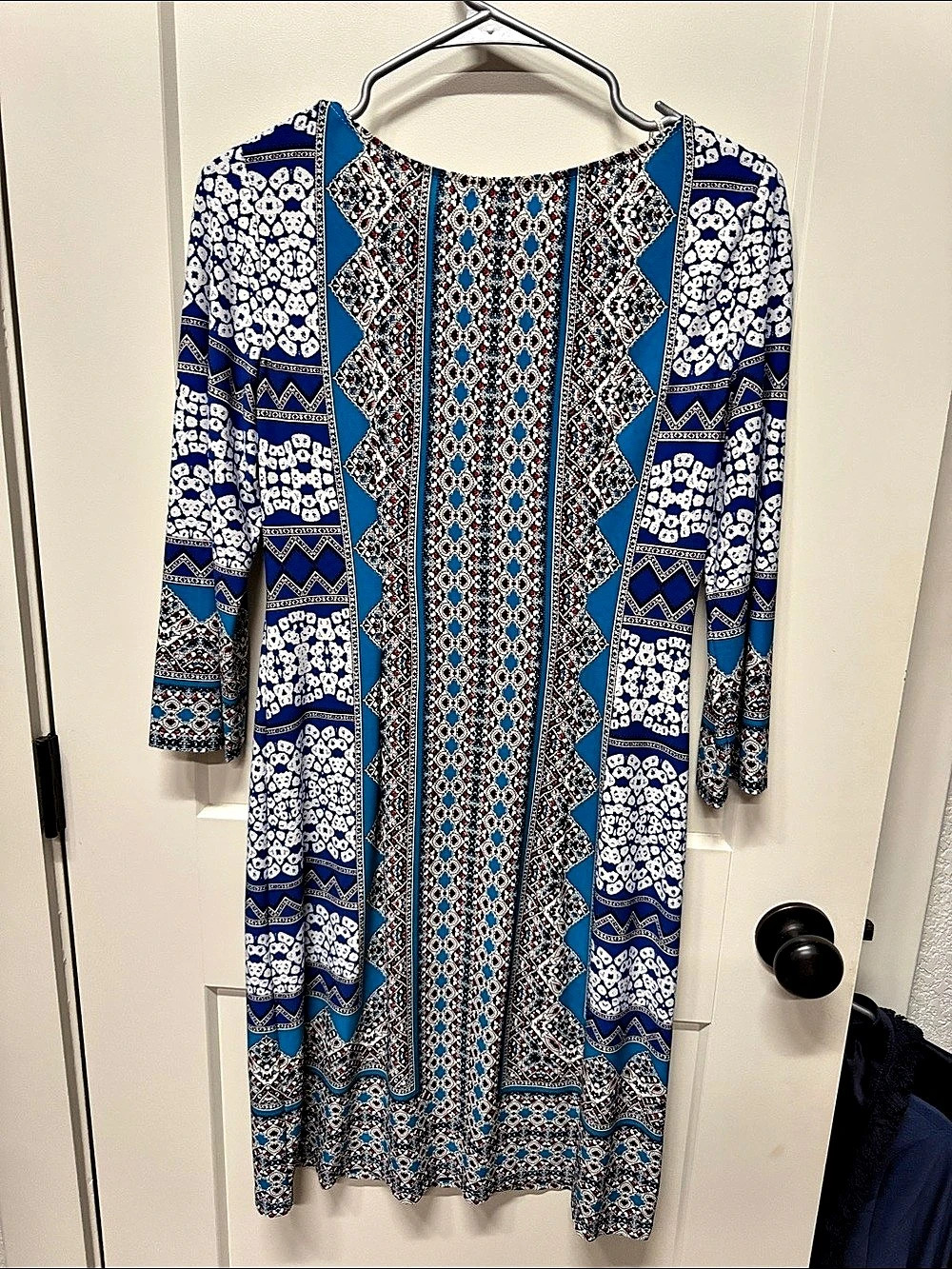 London Style Collection Geometric Long Sleeve Dress Blue & White Medium